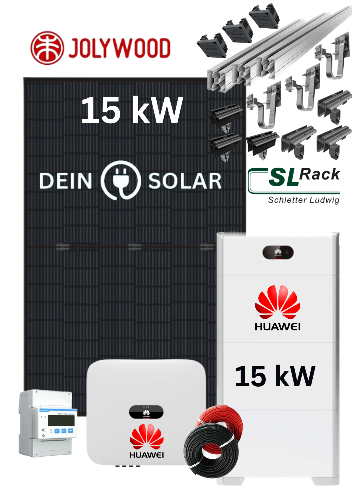 Set XL Huawei 15KW Fullblack Photovoltaik-Komplettset Glas-Glas LUNA2000-15kWh + SUN2000-10kW+5kW + 36x Jolywood HD108N 420W inkl. SL-Rack Unterkonstruktion + 100m Solarkabel + optionale Inbetriebnahme 799€