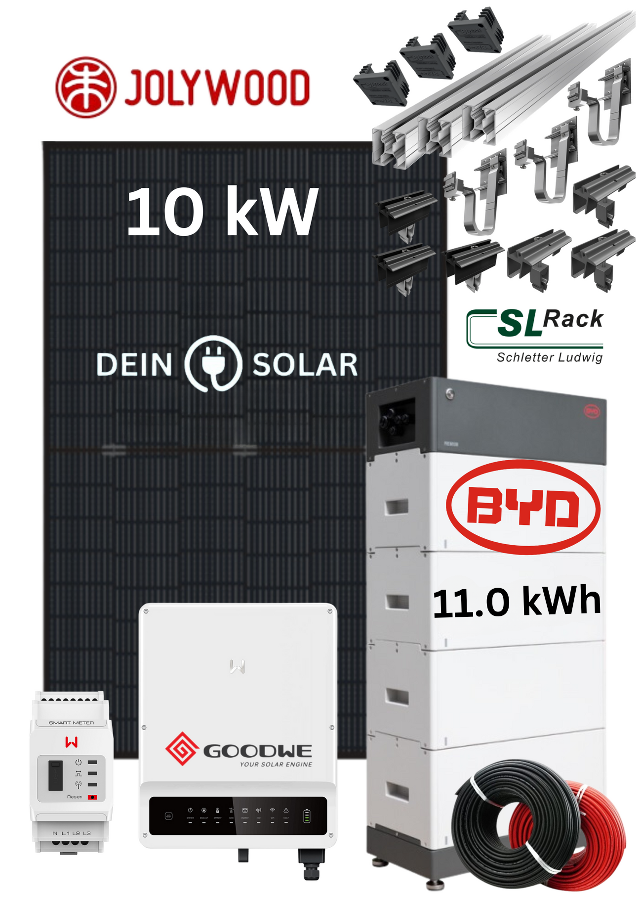 Set L GoodWe 10KW Set L Fullblack Photovoltaik-Komplettset Glas-Glas BYD HVM 11.0 +GoodWe GW10K-ET + 24x Jolywood HD108N 440W inkl. SL-Rack Unterkonstruktion + Solarkabel